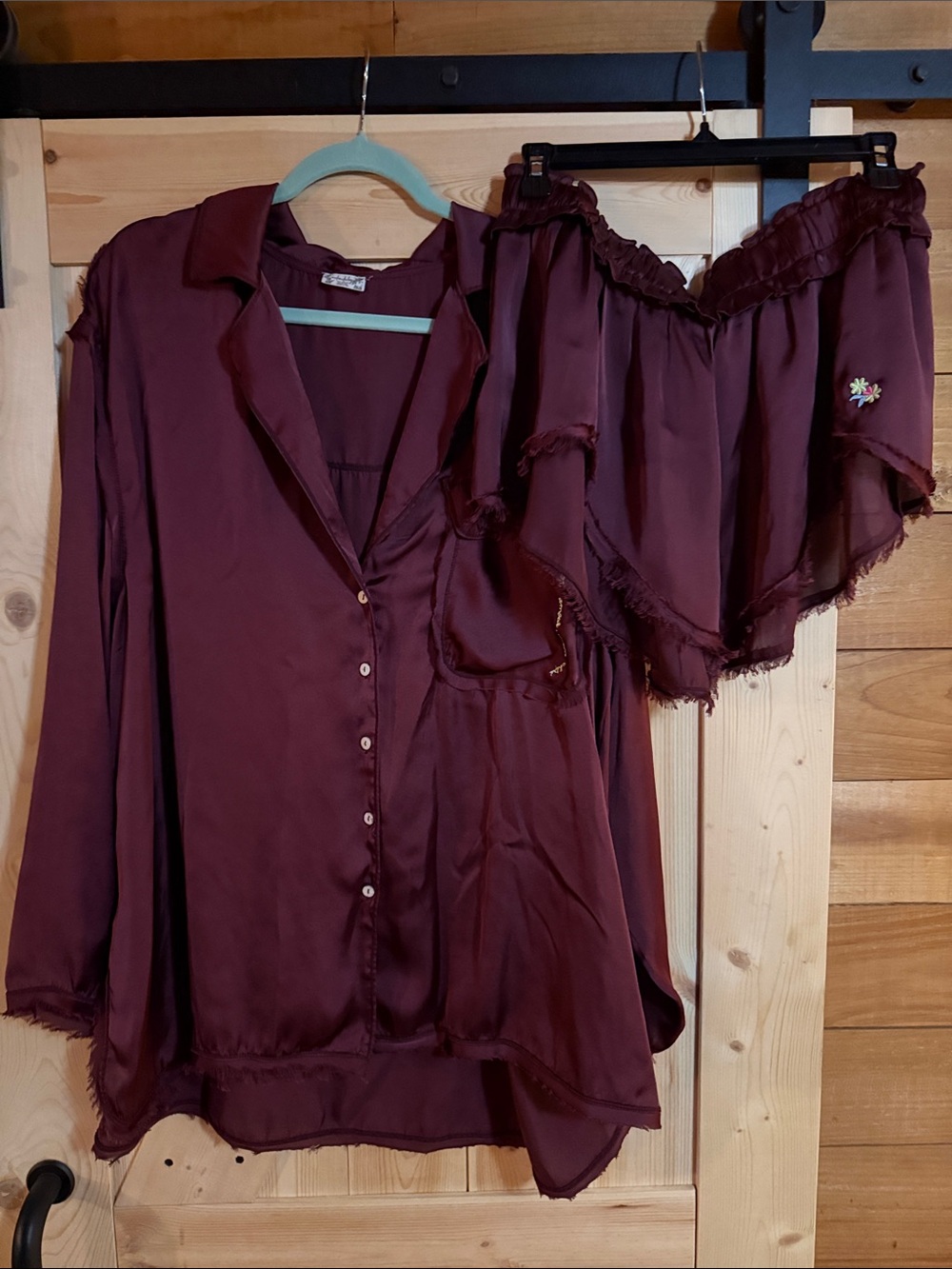 Free People Intimately- Satin Button-Down Sleep Shirt & Sleep Shorts in Burgundy